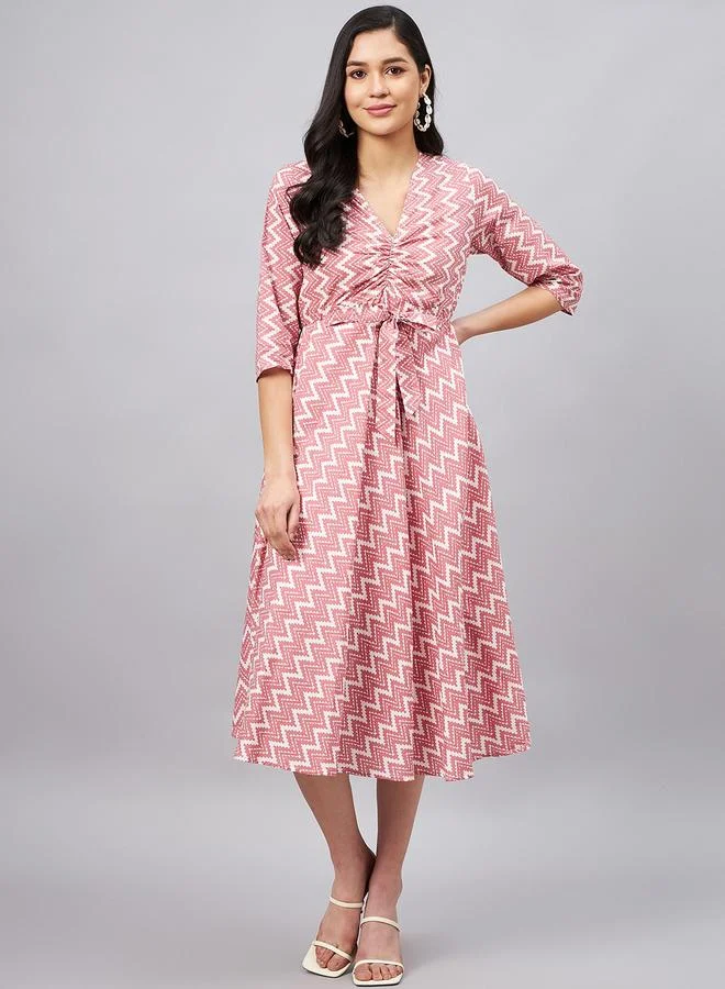 WineRed Women Pink Zigzag Print Front Knot Midi Dress
